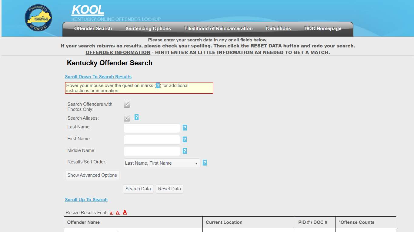 Kentucky Offender Search - Kentucky Department of Corrections - Offender Online Lookup System